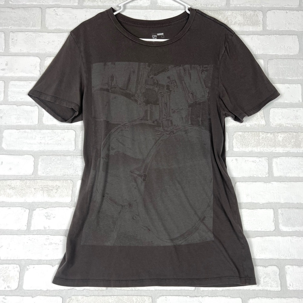 On The Byas Small Charcoal Grey Drum Set Graphic T-Shirt Distressed Cotton